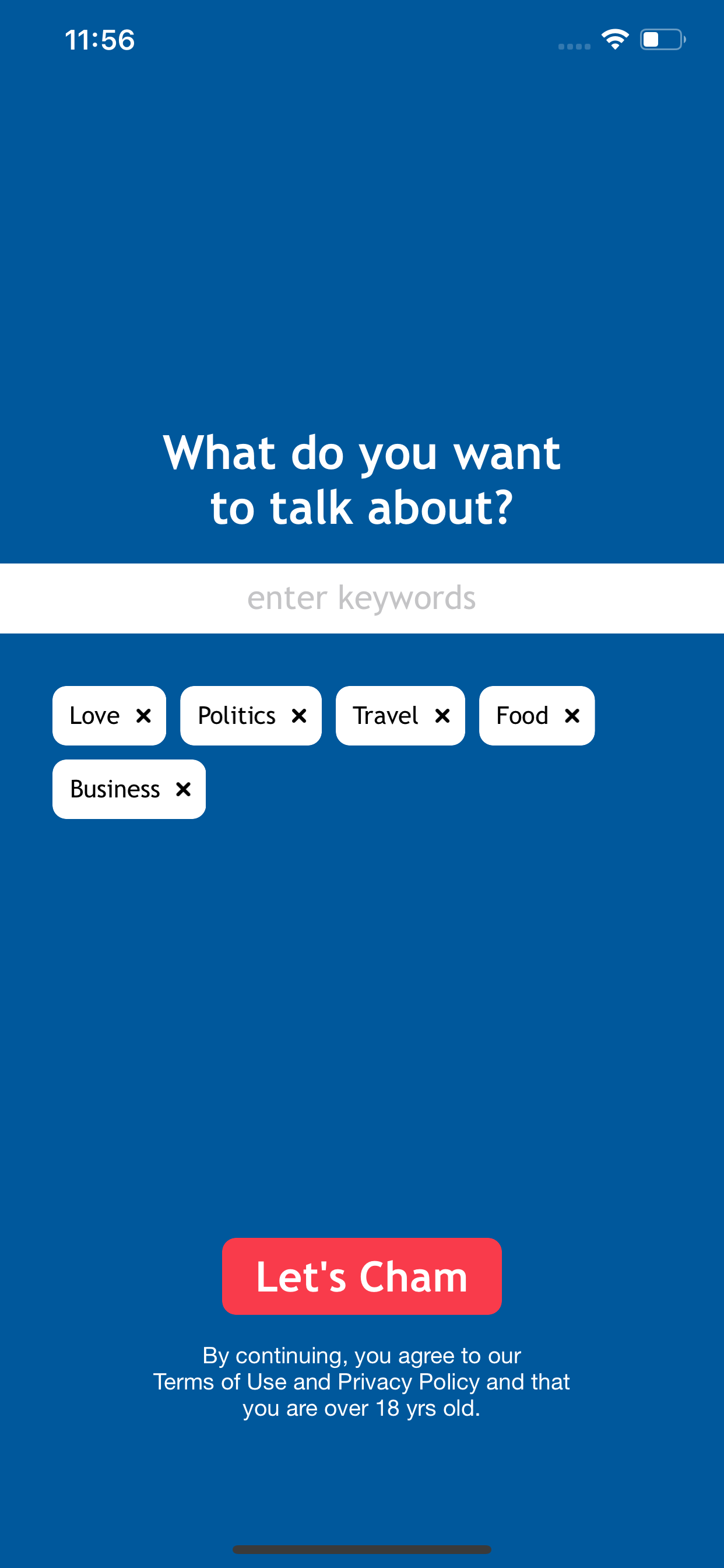 Cham app screenshot - Find matches based on interests